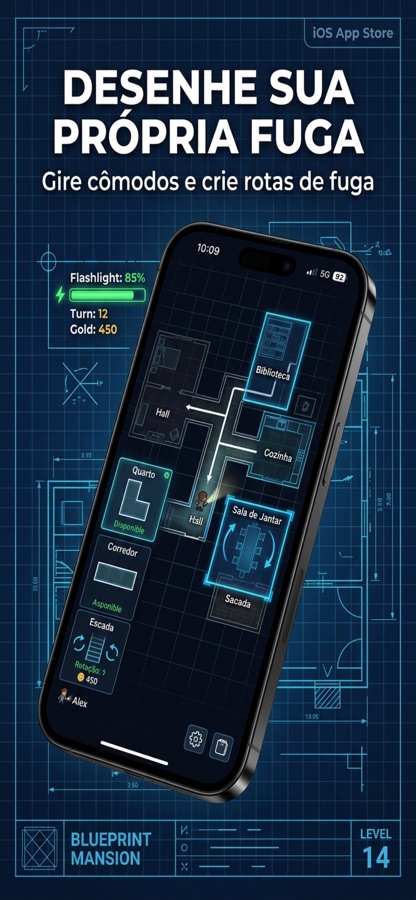 Tela de gameplay do Blueprint Mansion com rota de fuga